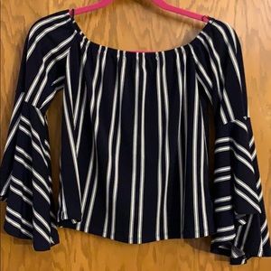 Navy and white striped off-the-shoulder top.